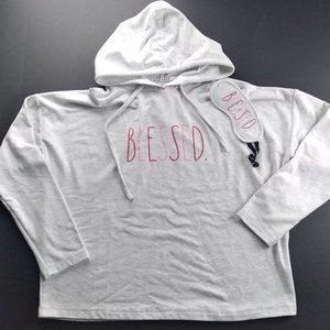 RAE DUNN Womens Lightweight Hoodie Sweatshirt Heather Gray BLESSED with Eye Mask